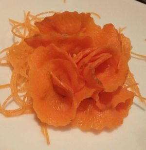 Carrots, cut in such a way to resemble a flower. A nice little garnish to stimulate the senses. at Blue Fish in Ocean City