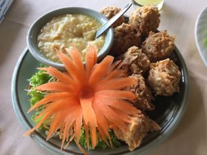 Taro root with creamed corn dressing at The Whole Earth in Chiang Mai