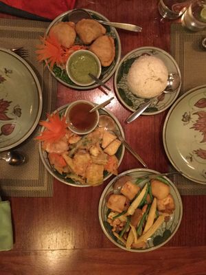 3 dishes + rice at The Whole Earth in Chiang Mai