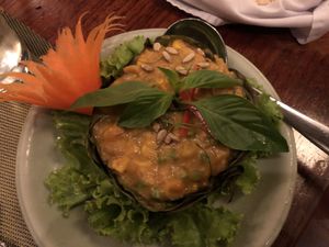 Vegan Red Curry dish in banana leaf at The Whole Earth in Chiang Mai