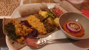 Vegan special- lentil stew, chickpeas stew,  beetroot, spinach,  kale at Gadja Etiopisk in Stavanger
