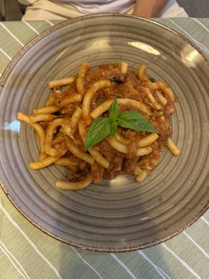 Maccaroni with aubergine and courgette - best vegan meal in Taormina!  at La Zagara in Taormina