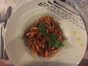 Aubergine and tomato pasta at La Zagara in Taormina