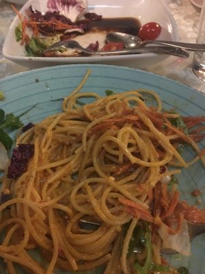 Pesto spaghetti and mixed salad. at La Zagara in Taormina