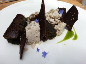 Chlorella cake with ice cream and chocolate at Plant Food + Wine in Los Angeles