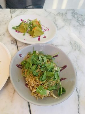 Kimchi dumplings and kelp noodle salad at Plant Food + Wine in Los Angeles