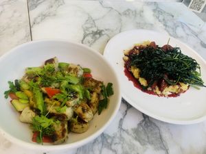 Gnocchi and polenta with beets at Plant Food + Wine in Los Angeles