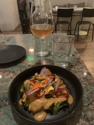 Broccoli with nacho cheese  at Plant Food + Wine in Los Angeles