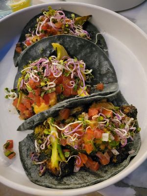 Broccoli asada tacos at Plant Food + Wine in Los Angeles