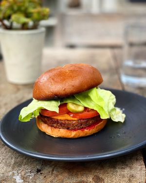 Mushroom + vegetable burger at Plant Food + Wine in Los Angeles