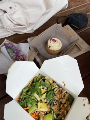 Buddha bowl, rice paper roll and cake  at Day Kitty in Warrnambool