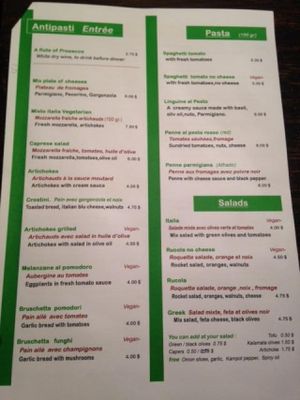 pasta menu at The Italian House in Phnom Penh