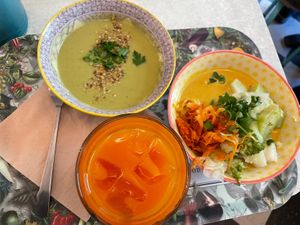 Soup, Tibetan mamma bowl and carrot detox juice  at Le Botaniste in Ghent