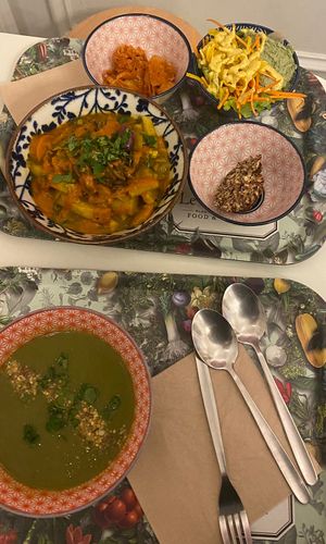 Soup of the day, Tajine, Kimchi, Green Pea Hummus and salad, seeded bread (half a slice lol)   at Le Botaniste in Ghent