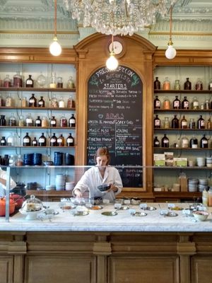 Apothek decor adding visual interest  at Le Botaniste in Ghent