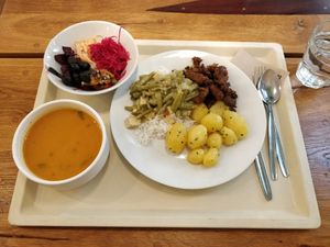 Soup, salad and main dish at Country Life Restaurant in Prague