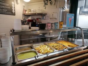 Hot food counter at Country Life Restaurant in Prague