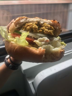 Sunflower seed burger — take oit at Country Life Restaurant in Prague