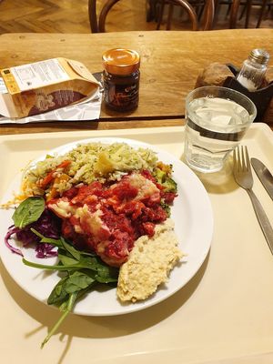 Thai style risotto,  pumpkin, beetroot and potato dish with vegan cheese , hummus and salad at Country Life Restaurant in Prague