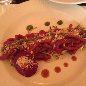 Salad with Beetroot Pasta, Zucchini and Peanut Spinach Pesto (Vegan) at Matoni in Split
