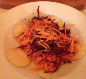 Apple, Carrot and Beetroot Salad with Ginger Lime Dressing and Cous Cous Stuffed Peppers (Vegan) at Matoni in Split