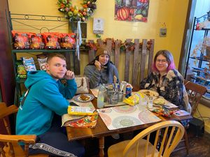 Thanks to Happy Cow these folks found us today. Lara (far right in photo) is from London  and said that Happy Cow is her go to app to find vegan food!!   at Seasons' Eatings in Napoleon