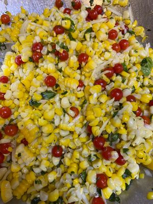 A summer favorite; local sweet corn salad with basil, onions, and tomatoes at Seasons' Eatings in Napoleon