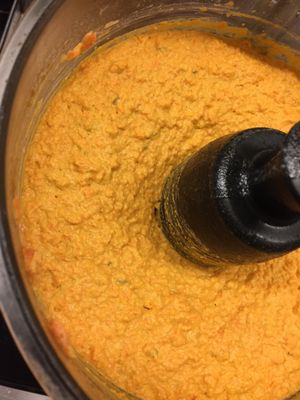 Robin's favorite hummus flavor:  spiced roasted carrot.   at Seasons' Eatings in Napoleon