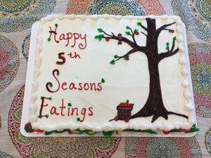 Seasons' Eatings recently celebrated our 5th anniversary.  Kyra baked and decorated a special cake for the occasion.  Remember - vegan cakes and other baked goods are available.   at Seasons' Eatings in Napoleon