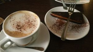 Vegan cake and cappuccino  at The Grassy Hopper  in Valletta