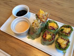 Summer rolls (or spring rolls, but not fried), called "rice paper" in the menu. These ones were the mango variant. at simpleRAW in Copenhagen