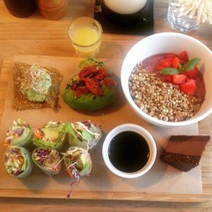 The brunch plate with ginger shot. at simpleRAW in Copenhagen