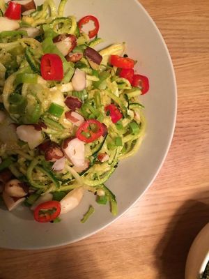 Courgette noodles with curry dressing. It was okay, but I am sure you can order something more tasty off of the menu  at simpleRAW in Copenhagen