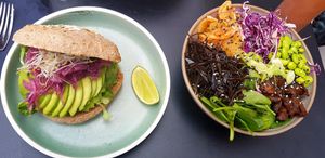 Avocado burger and korean bowel. Amazing!! at simpleRAW in Copenhagen