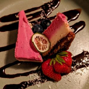 Current seasonal dessert: raspberry & cashew cake at simpleRAW in Copenhagen