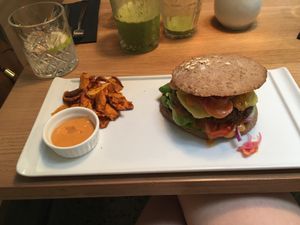 Delicious burger and chips  at simpleRAW in Copenhagen