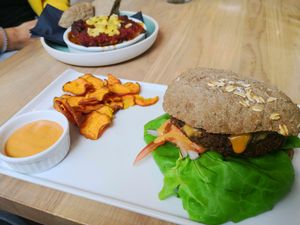 Burger and moussaka at simpleRAW in Copenhagen