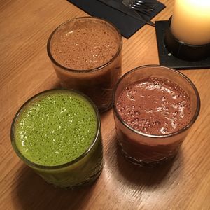 Espresso shake, matcha/spinach shake and chocolate shake. at simpleRAW in Copenhagen