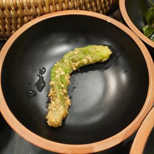 chili soaked in soy sauce and seasame seeds at SanChon Korean Temple Cooking - 산촌 사찰음식전문점 in Seoul