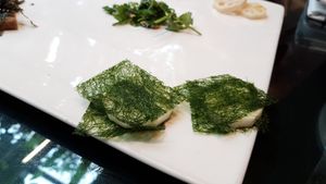 Chinese yam inbetween green algae (Ulva) 마 및 감태 at SanChon Korean Temple Cooking - 산촌 사찰음식전문점 in Seoul