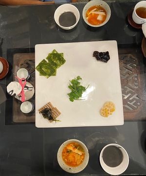 Appetizer and fermented drink  at SanChon Korean Temple Cooking - 산촌 사찰음식전문점 in Seoul