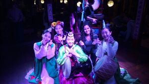 picture with dancers at SanChon Korean Temple Cooking - 산촌 사찰음식전문점 in Seoul