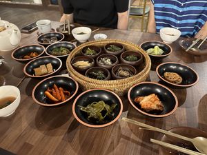 Main dishes with hot pot of rice  at SanChon Korean Temple Cooking - 산촌 사찰음식전문점 in Seoul