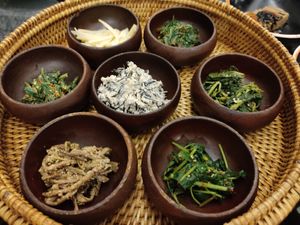 Stir fried greens of various types, a couple of seaweed with stuff and some bamboo shoots at SanChon Korean Temple Cooking - 산촌 사찰음식전문점 in Seoul