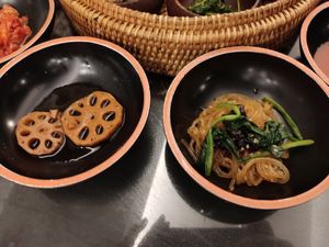 Lotus root and japchae at SanChon Korean Temple Cooking - 산촌 사찰음식전문점 in Seoul