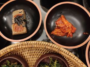 Carrots (I think) in a spicy sauce and some sesame tofu at SanChon Korean Temple Cooking - 산촌 사찰음식전문점 in Seoul