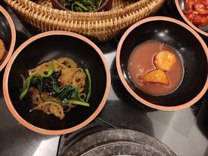 Spicy sweet potatoes and the japchae again at SanChon Korean Temple Cooking - 산촌 사찰음식전문점 in Seoul
