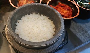 Rice in hot stone pot served with main course (it used to be more than plain white rice) #Veganuary at SanChon Korean Temple Cooking - 산촌 사찰음식전문점 in Seoul