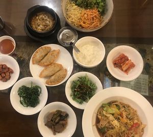 Bibimbap, Veg noodles and dumplings.  at SanChon Korean Temple Cooking - 산촌 사찰음식전문점 in Seoul