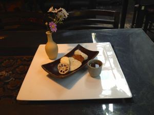 Dessert with hot cinnamon tea, also part of the full course menu at SanChon Korean Temple Cooking - 산촌 사찰음식전문점 in Seoul